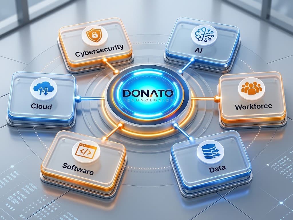 A branded plaque engraved 'Talent + Technology', with glass orbs labeled Workforce, AI, Cybersecurity, Data, Software, and Cloud radiating from a glowing center
