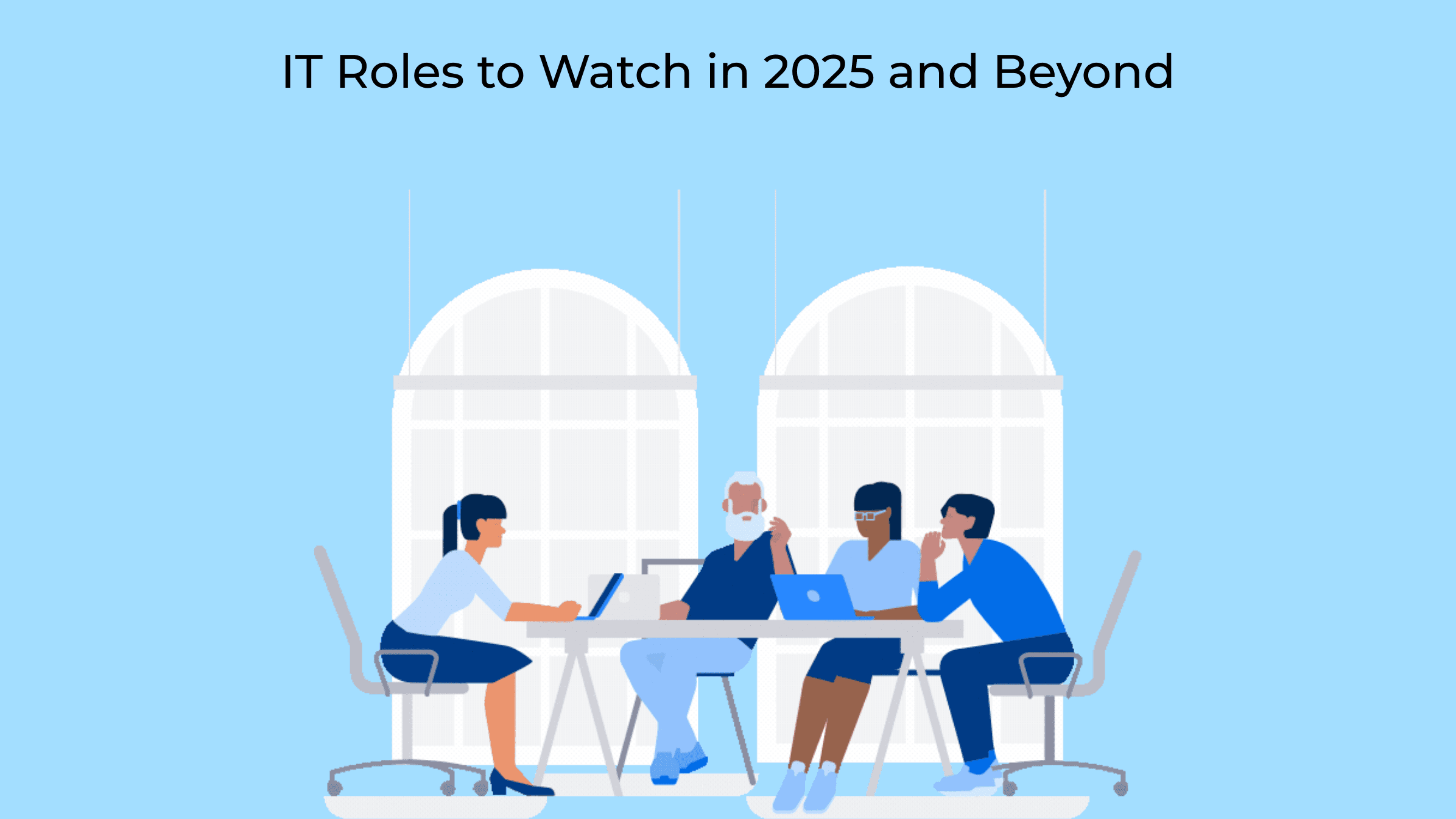 Professionals collaborating at a desk with the title IT Roles to Watch in 2025 and Beyond, highlighting future-proof IT careers and staffing solutions by Donato.