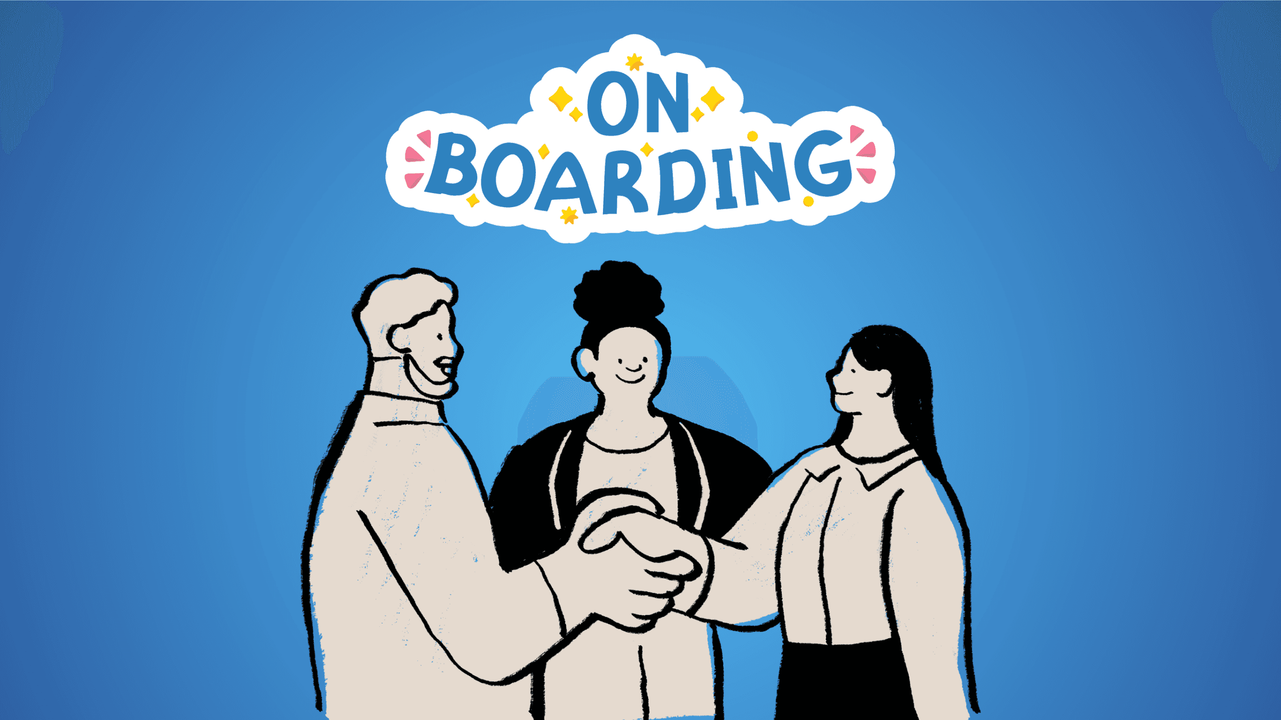 Illustration of onboarding process with professionals shaking hands, representing employee onboarding and senior tech talent retention.