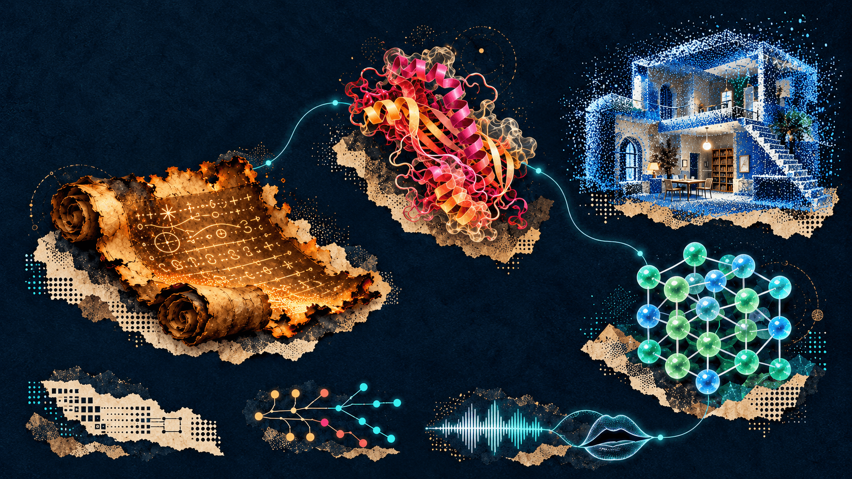 Mixed-media collage of an ancient scroll, protein ribbon, glowing point-cloud building, crystal lattice, code patterns, and audio waveform connected by a teal thread.