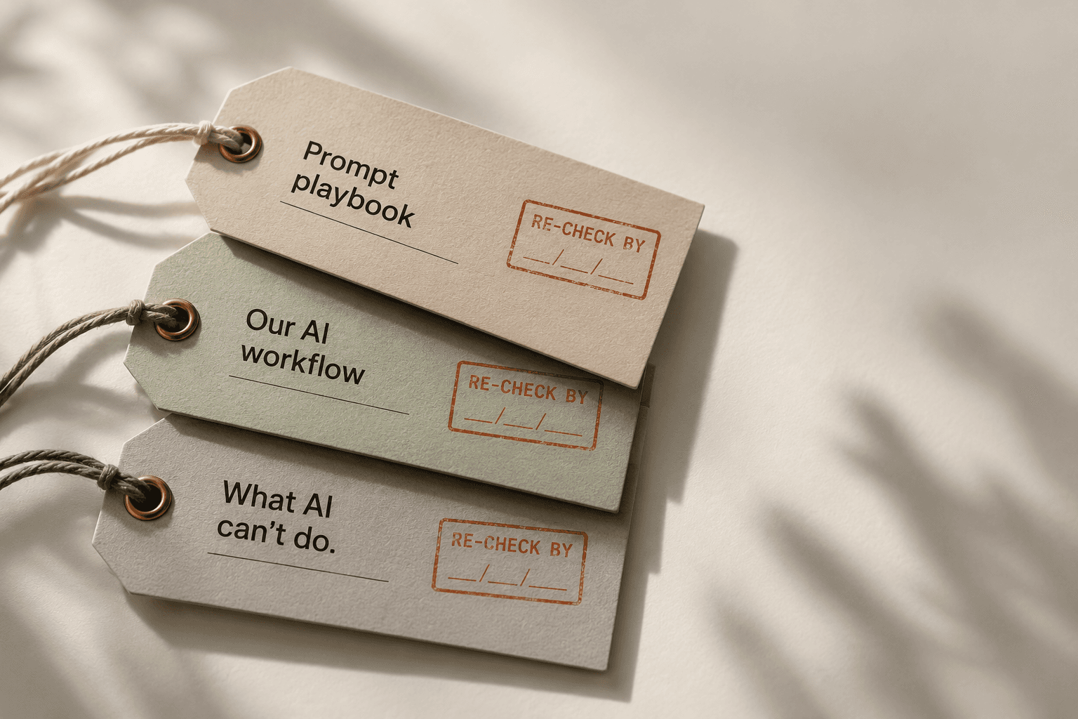 Three overlapping paper tags in muted sand, sage green, and warm grey, labeled “Prompt playbook,” “Our AI workflow,” and “What AI can’t do.” Each features a burnt-orange “RE-CHECK BY” stamp with a blank date field.