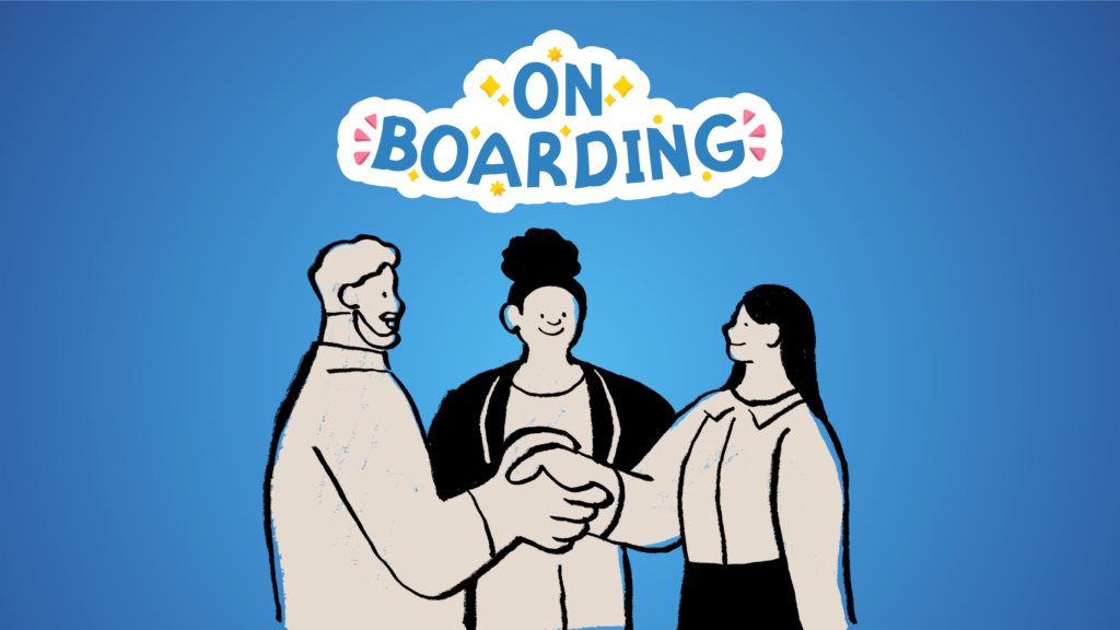 Illustration of onboarding process with professionals shaking hands, representing employee onboarding and senior tech talent retention.
