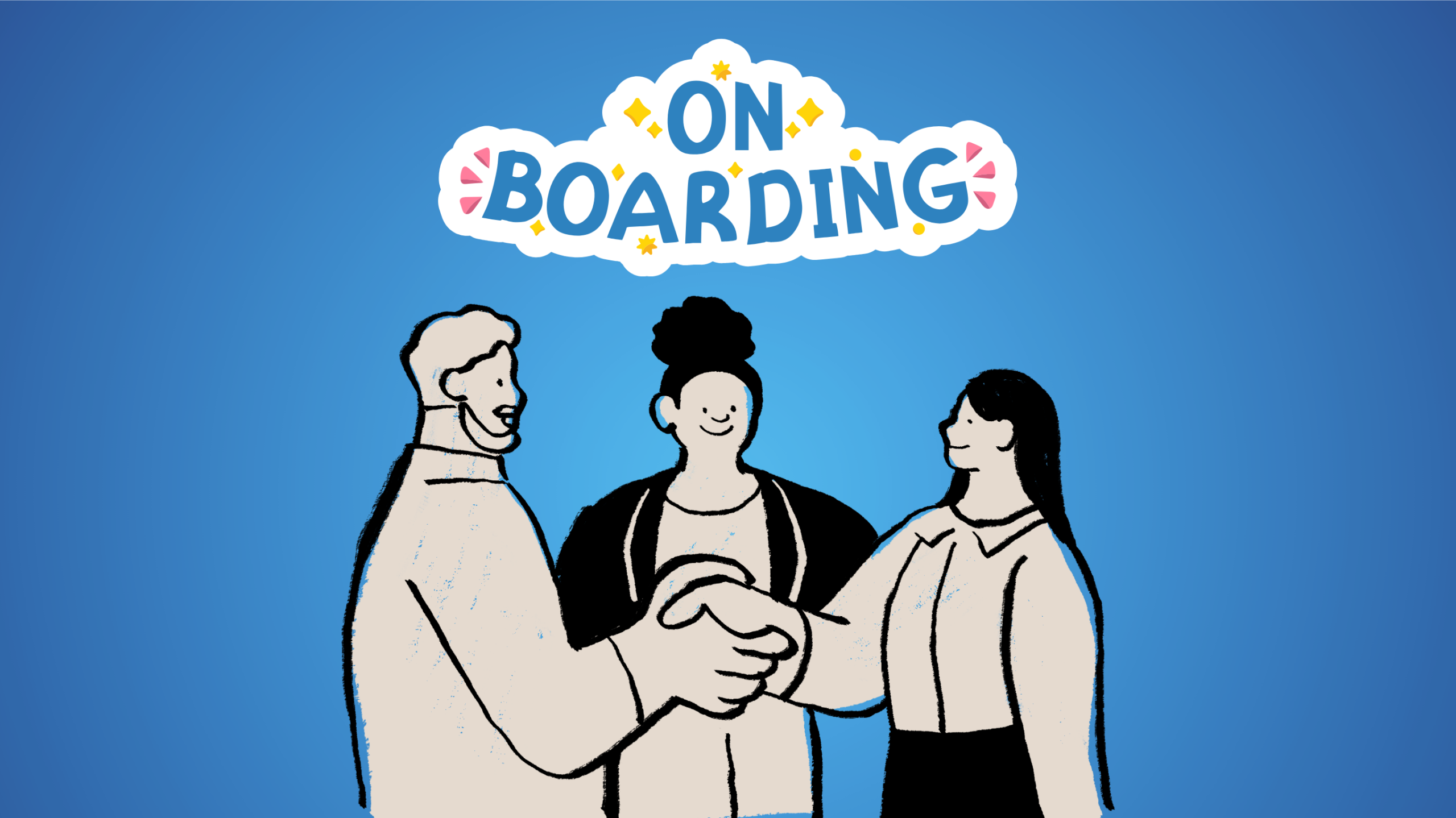 Illustration of onboarding process with professionals shaking hands, representing employee onboarding and senior tech talent retention.