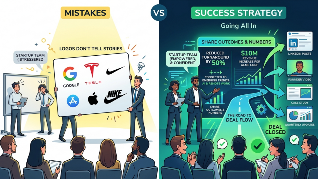 Split infographic comparing startup mistakes like showing logo grids with no outcomes versus a success strategy of sharing numbers, trends, and multichannel content to close deals.