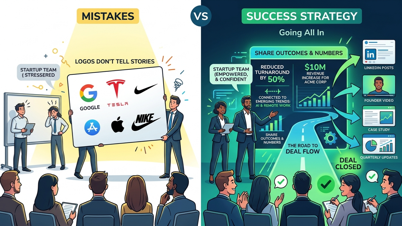 Split infographic comparing startup mistakes like showing logo grids with no outcomes versus a success strategy of sharing numbers, trends, and multichannel content to close deals.