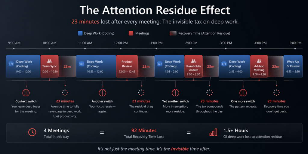 Horizontal timeline showing a software developer's workday, with coding blocks and meetings marked in red, each followed by a fading 23-minute attention residue period showing lost focus time after interruptions.